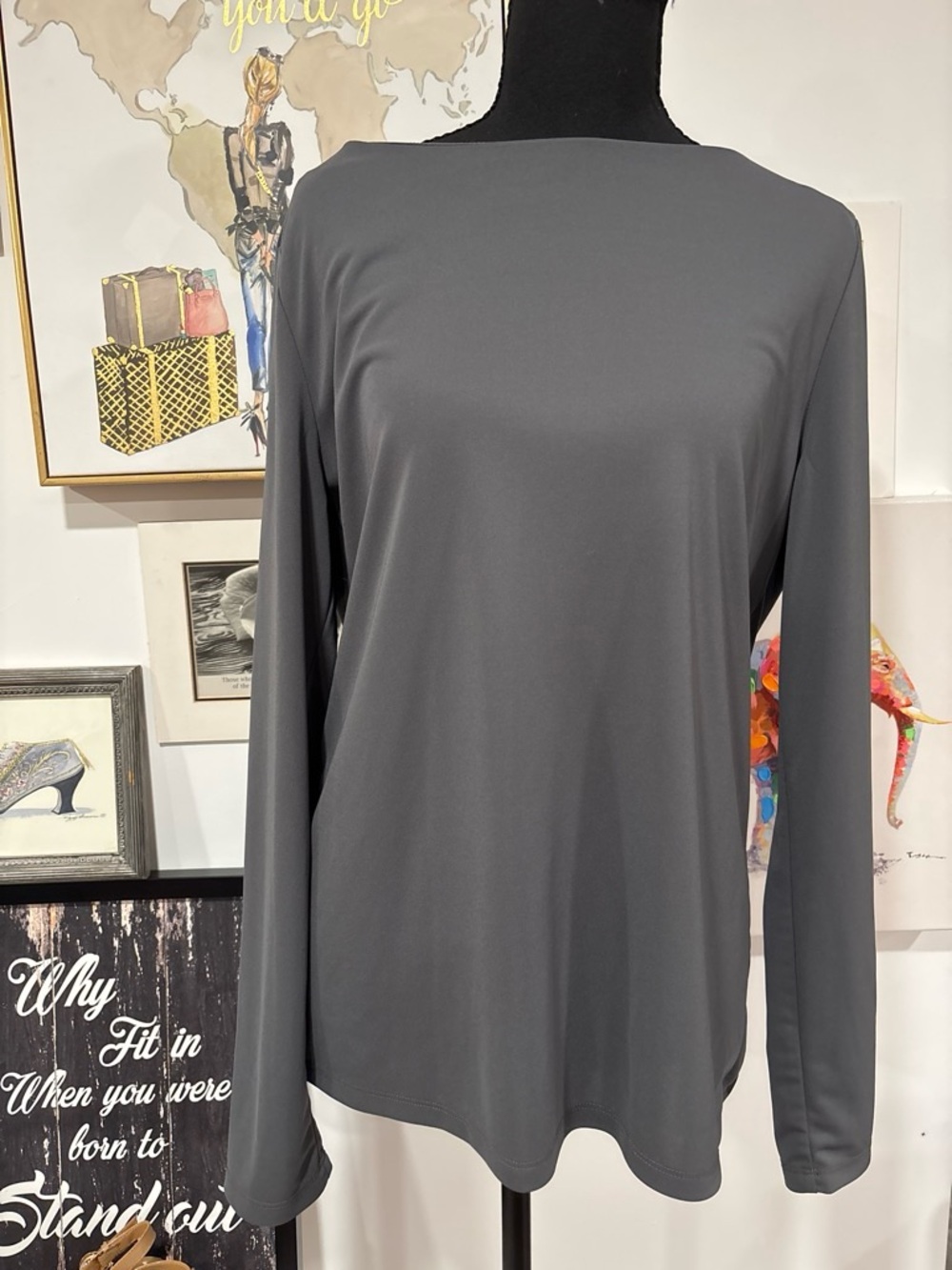 Ann Taylor Gray Boatneck Long-Sleeve Top